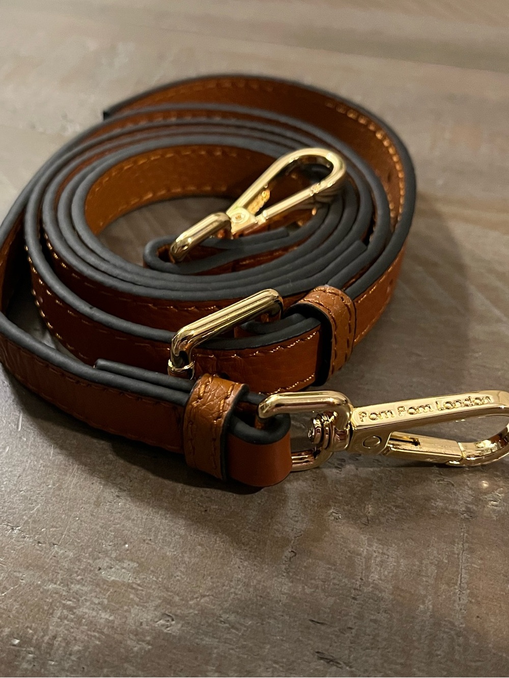 Pom Pom London Brown Pebbled Leather Crossbody Strap with Gold Hardware
